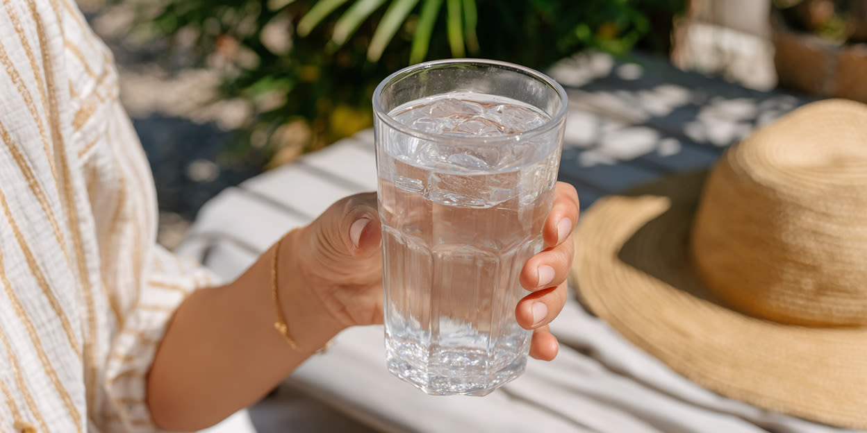 En kvinna i ljus randig skjorta ute i solen på en uteplats håller ett stort glas fullt med vatten. I bakgrunden ser man en stor solhatt som ligger på ett bord.