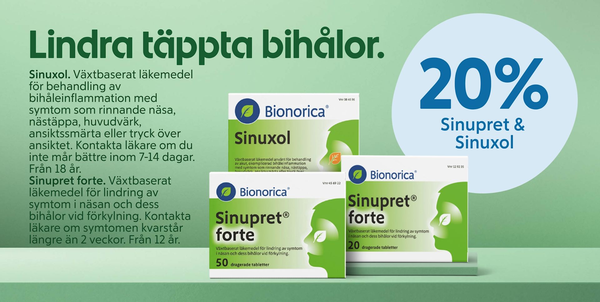 Tre förpackningar med Bionorica Sinuxol och Sinupret forte växtbaserade läkemedel visas med text om behandling av bihåleinflammation och en blå cirkel med texten 20% Sinupret & Sinuxol.