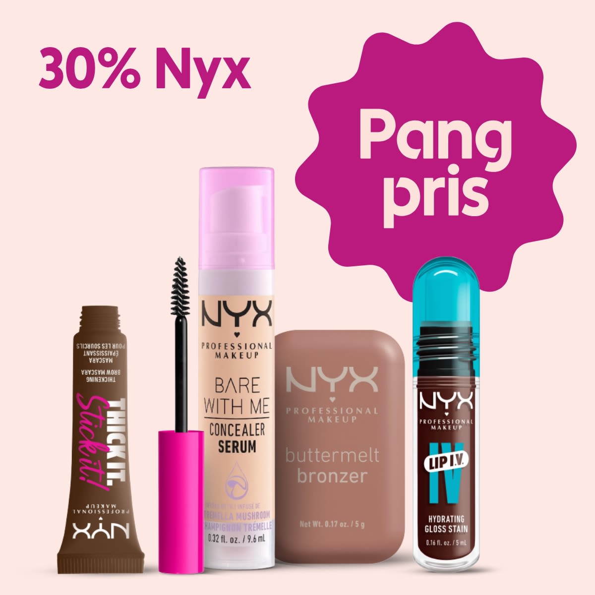 Fyra NYX kosmetikprodukter står uppradade mot ljusrosa bakgrund med texten "30% Nyx" och "Pangpris" i lila.