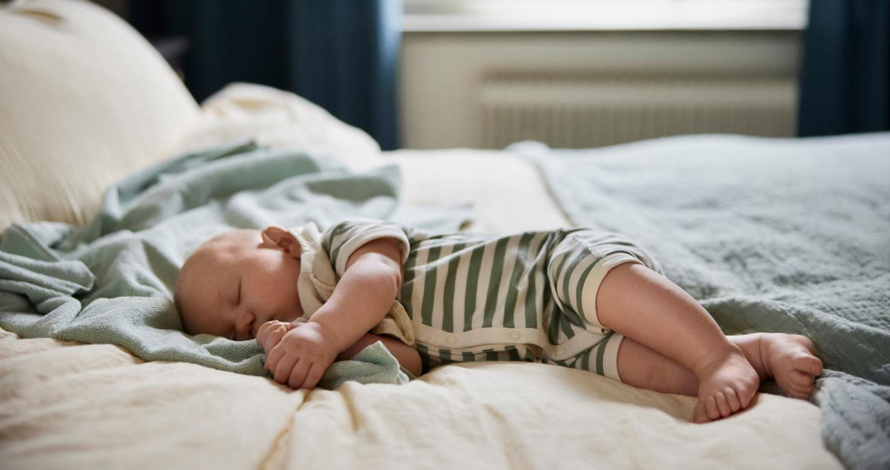 Litet barn i randig pyjamas ligger i en stor säng och sover.