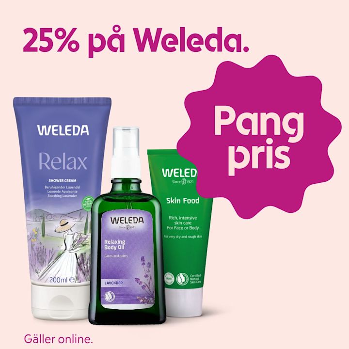 Tre Weleda-produkter, Relax duschkräm, Relaxing Body Oil och Skin Food, visas med texten "25% på Weleda" och "Pang pris" mot ljus bakgrund.