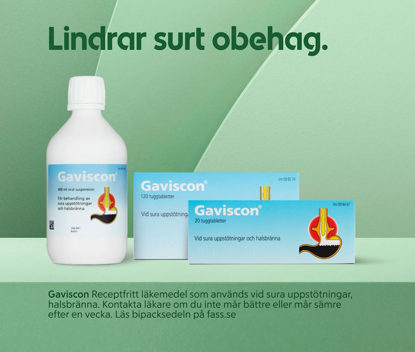 Flaskor och förpackningar av Gaviscon-läkemedel står på en grön yta med texten "Lindrar surt obehag" ovanför.