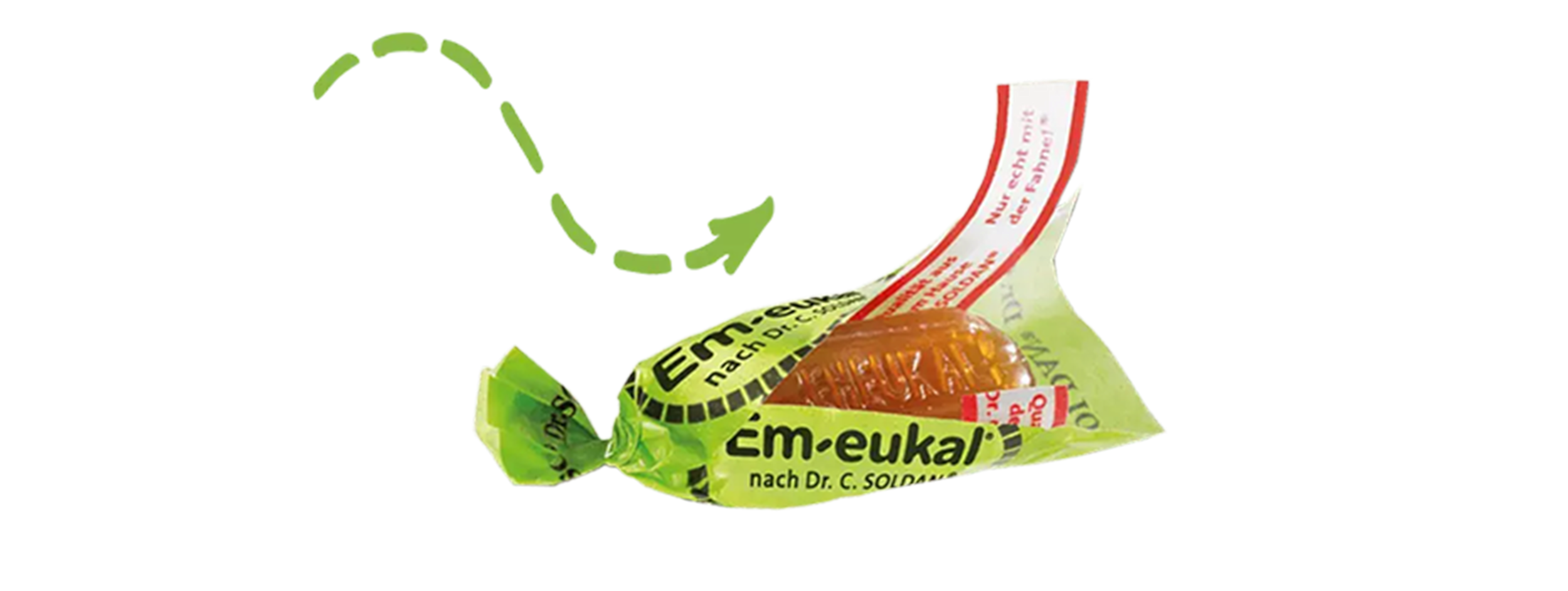 En grön Em-eukal halstablett med delvis öppnat omslag och en grön prickad pil ovanför på svart bakgrund.