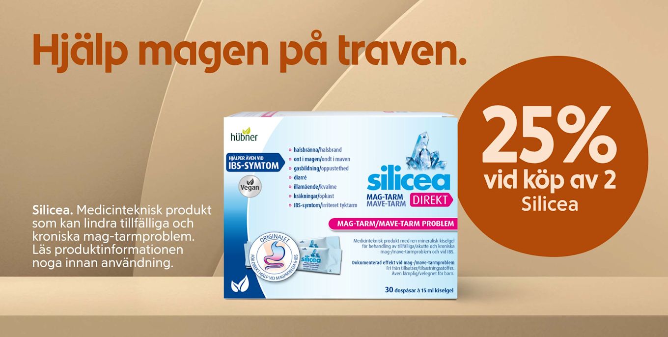 Förpackning av Silicea mag-tarmprodukt visas med texten "Hjälp magen på traven" och erbjudande om 25% rabatt vid köp av två.