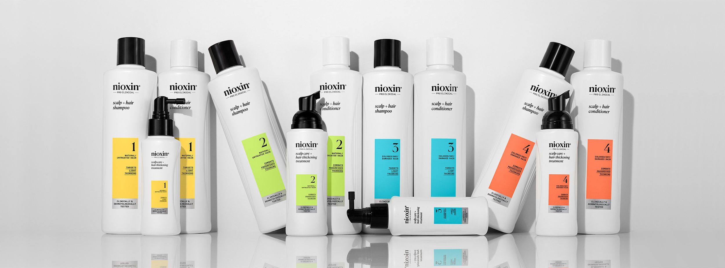 Flera Nioxin hårvårdsprodukter står uppradade, inklusive schampo, balsam och behandlingar för olika hårtyper, märkta med färgade etiketter.