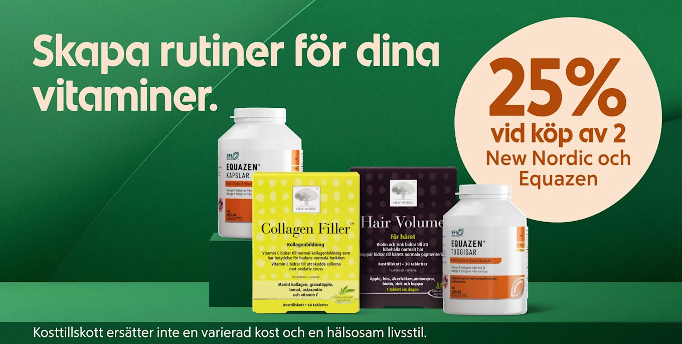 Vitaminprodukter från New Nordic och Equazen visas med texten Skapa rutiner för dina vitaminer och erbjudandet 25% vid köp av 2.