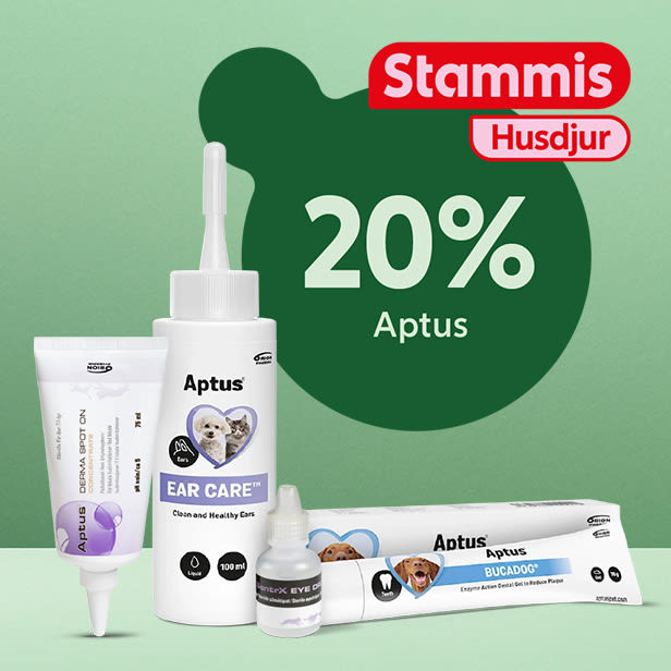 Fyra Aptus husdjursprodukter visas med texten "Stammis Husdjur 20%" på grön bakgrund.