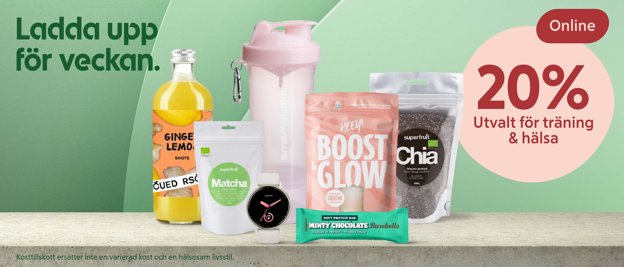 Flaskor och förpackningar med hälsoprodukter och en smartklocka står på bord med texten 20% rabatt på utvalt för träning och hälsa.