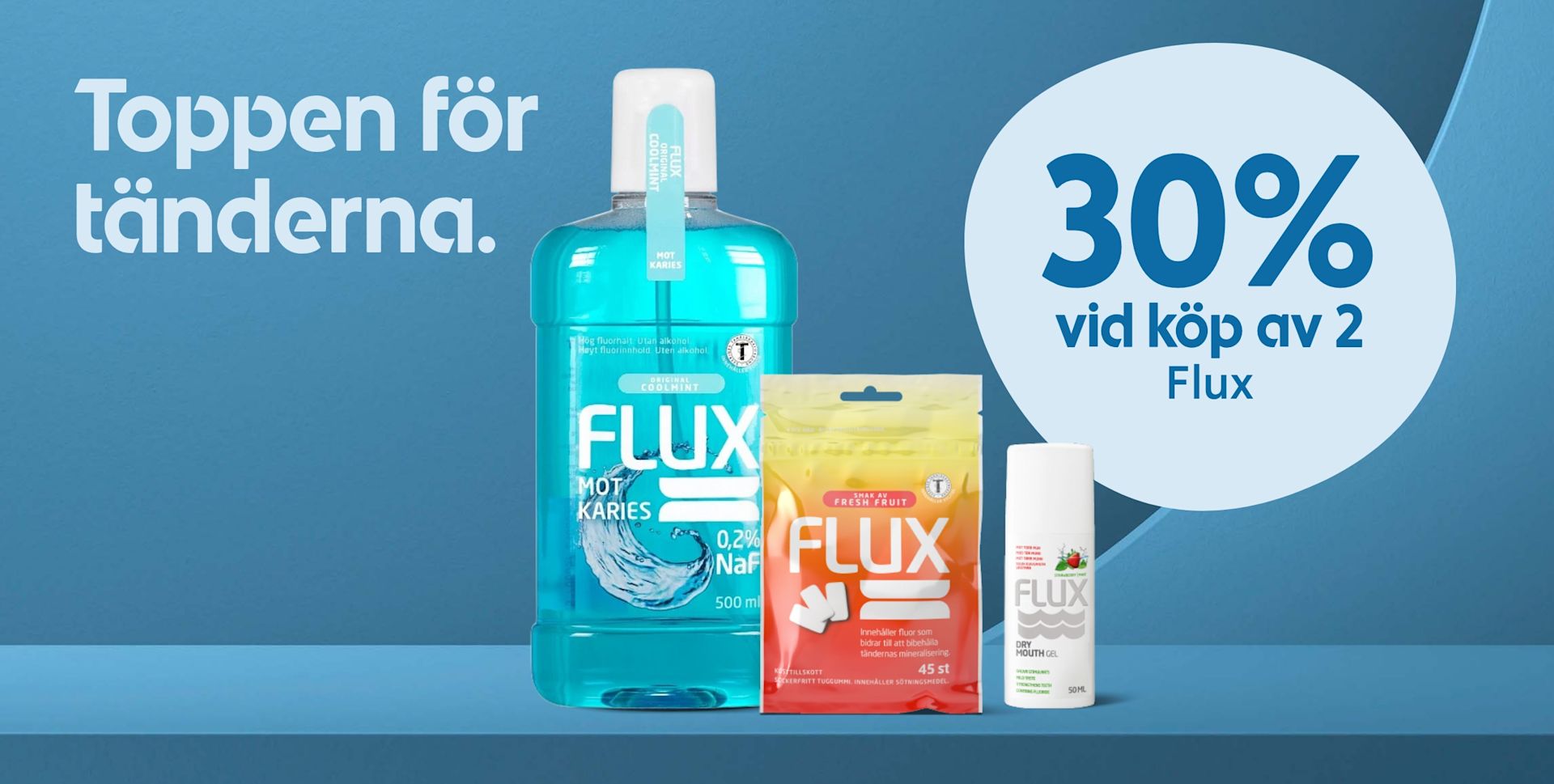 Tre olika Flux-produkter för munvård står på en blå yta med blå bakgrund och texten "Toppen för tänderna" och erbjudandet "30% vid köp av 2 Flux".