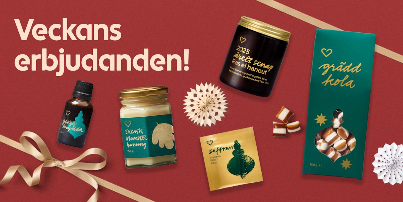 Oljor, honung, senap, saffran och gräddkola i olika förpackningar på röd bakgrund med texten Veckans erbjudanden och dekorativa pappersstjärnor och band.