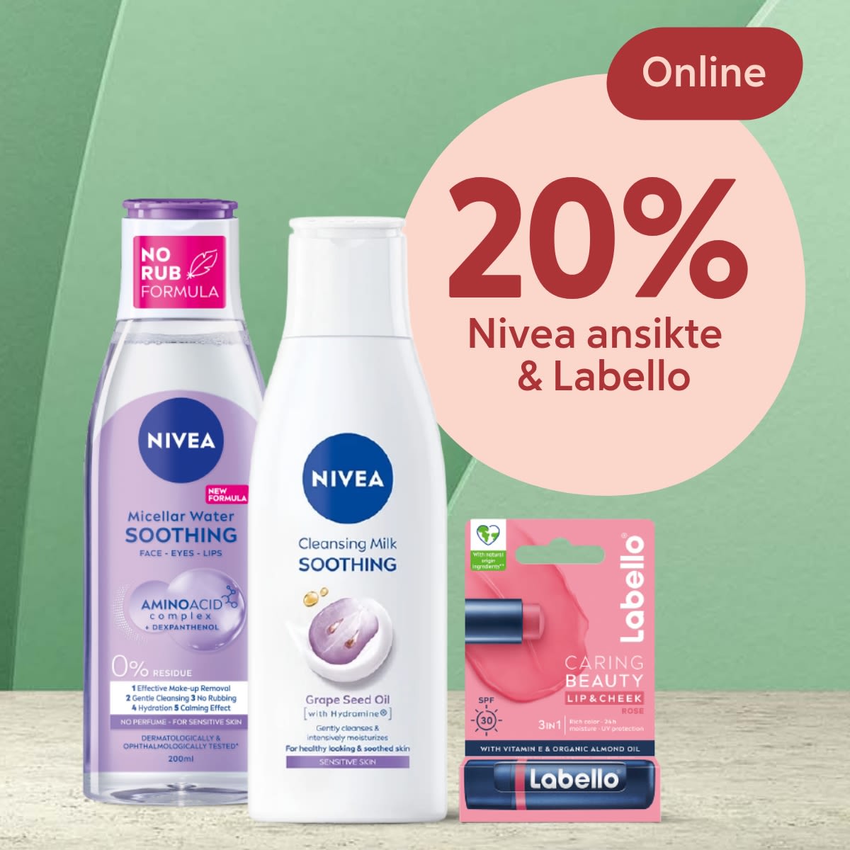 Nivea Micellar Water och Cleansing Milk tillsammans med Labello läppbalsam visas med rabatt på 20% för ansikte och läppar online.