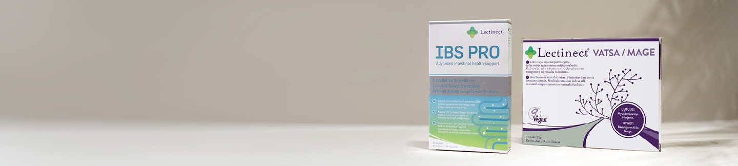 Två förpackningar kosttillskott från Lectinect, IBS PRO och VATSA/MAGE, står bredvid varandra på ett ljust underlag.