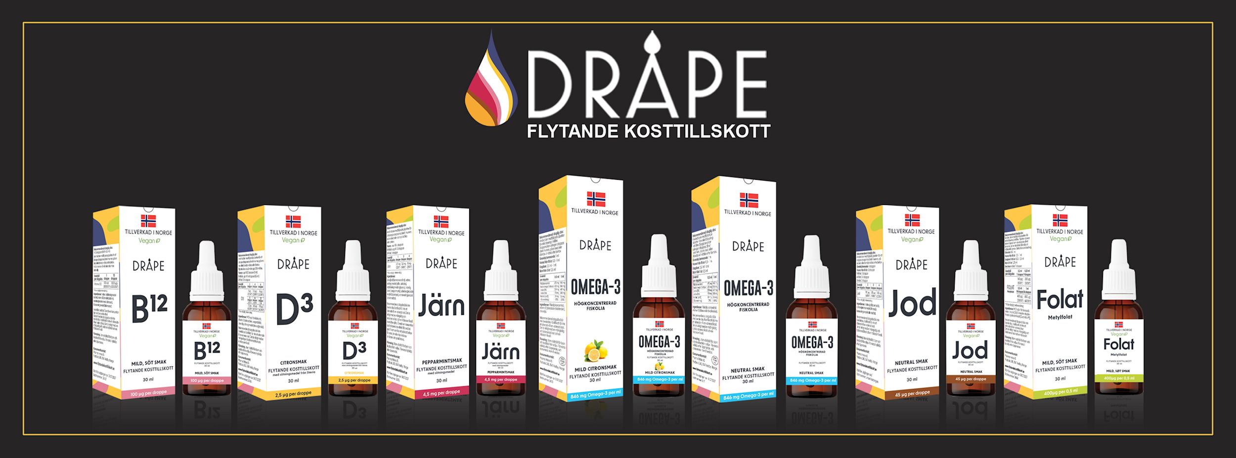 Flera flaskor och förpackningar av Dråpe flytande kosttillskott, inklusive B12, D3, Järn, Omega-3, Jod och Folat, står uppradade mot svart bakgrund.