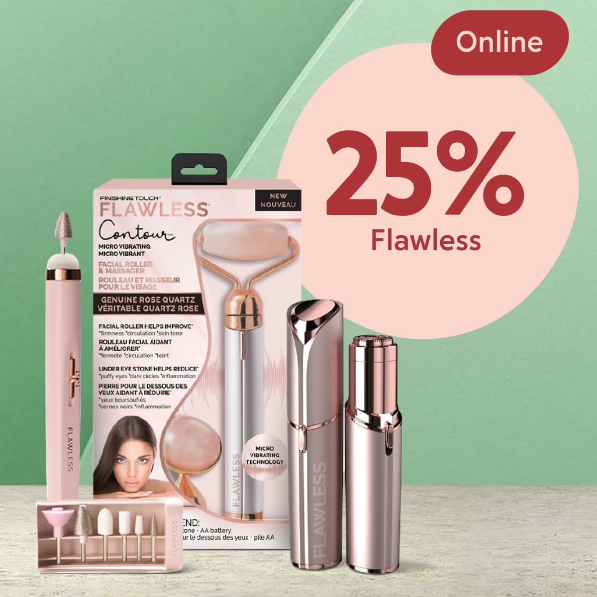 Set med rosa och roséguldfärgade skönhetsverktyg inklusive mikrovibrerande ansiktsroller och nagelverktyg på ljus bakgrund med text "25% Flawless Online".