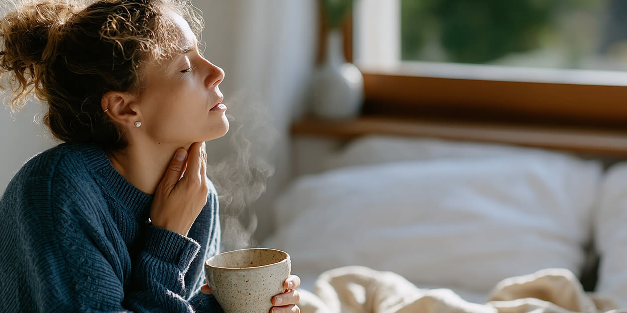 Kvinna sitter i soffa och håller en mugg med varm dryck i ena handen och den andra handen håller hon mot sin hals. 