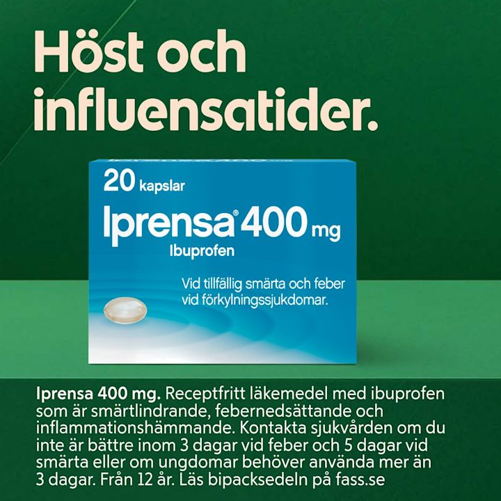 Förpackning av Iprensa 400 mg ibuprofen kapslar för tillfällig smärta och feber vid förkylningssjukdomar, mot en grön bakgrund med texten "Höst och influensatider".