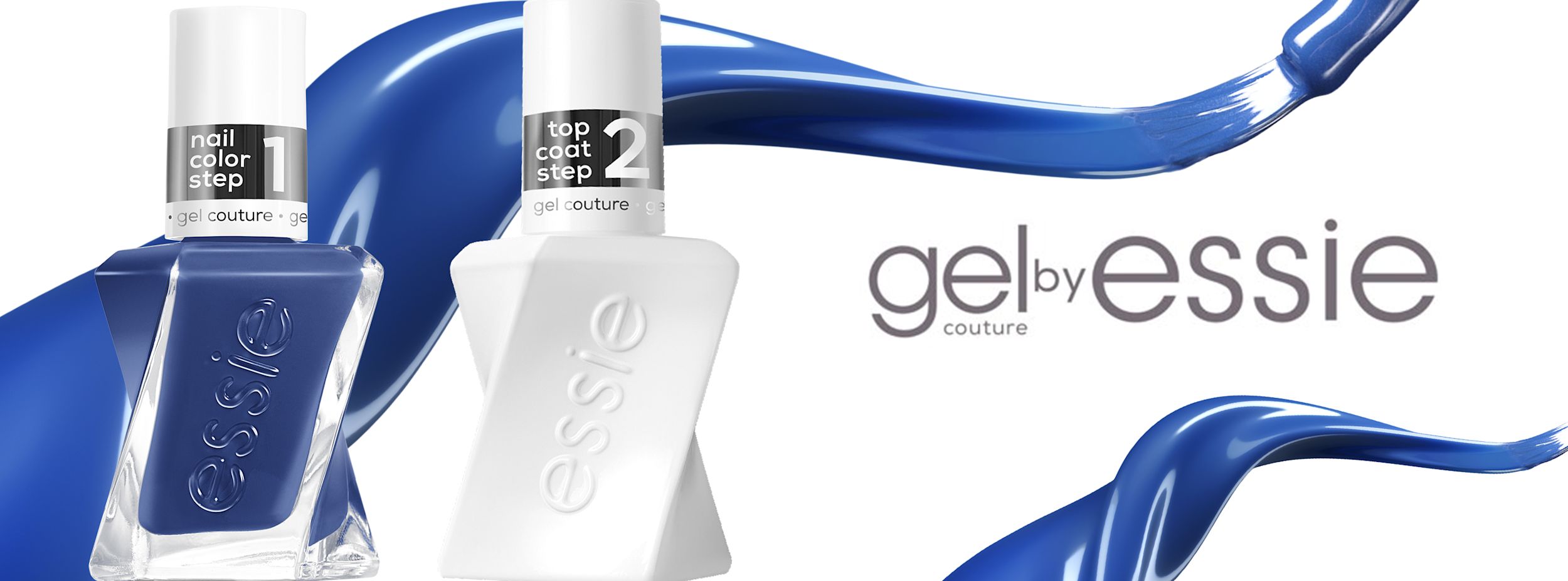 Två Essie gel couture nagellacksflaskor, en blå steg 1 och en vit steg 2 topplack, med blå nagellacksstreck och texten "gel by essie".