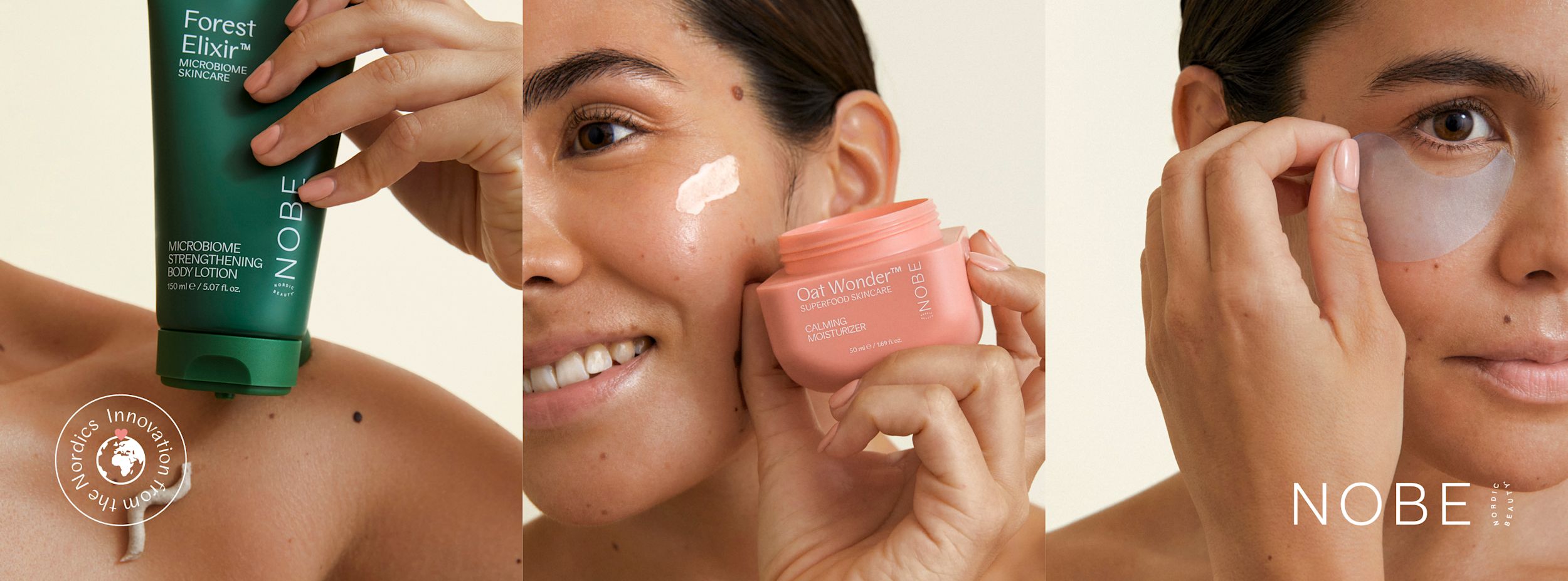 Kvinna applicerar NOBE hudvårdsprodukter: body lotion på axeln, ansiktskräm på kinden och ögonmask under ögat.