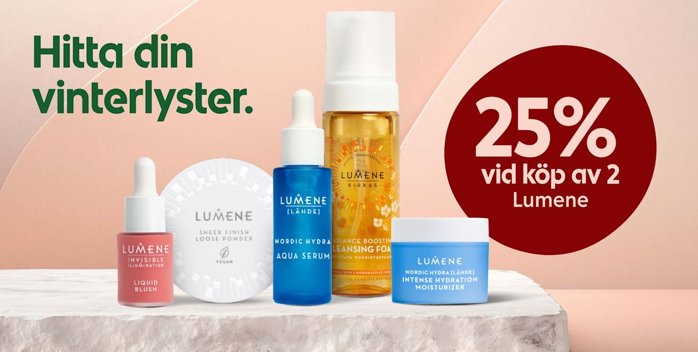 Fem Lumene hudvårdsprodukter står på en stenbänk med texten "Hitta din vinterlyster" och en röd cirkel med erbjudandet "25% vid köp av 2 Lumene".
