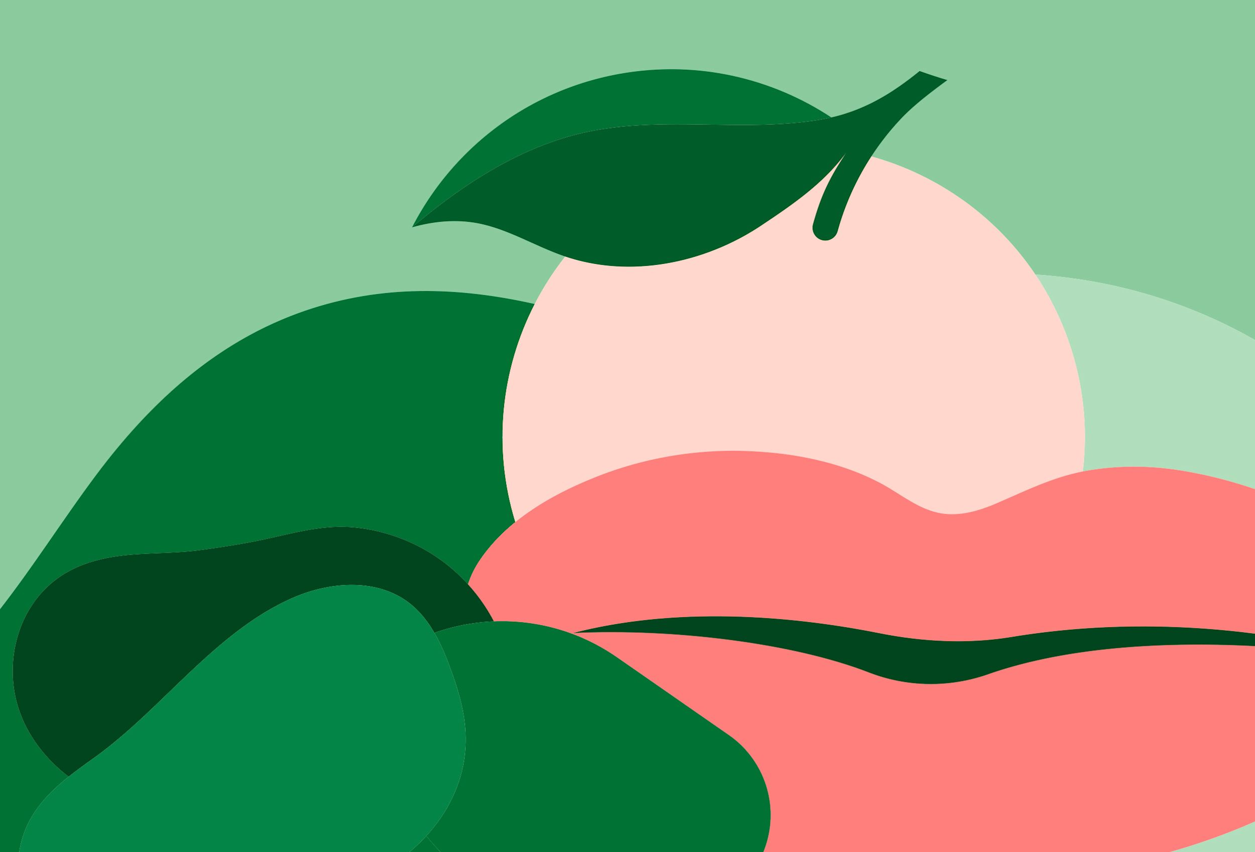 Abstrakt illustration av en persika med grön blad och rosa fruktkött mot en ljusgrön bakgrund.