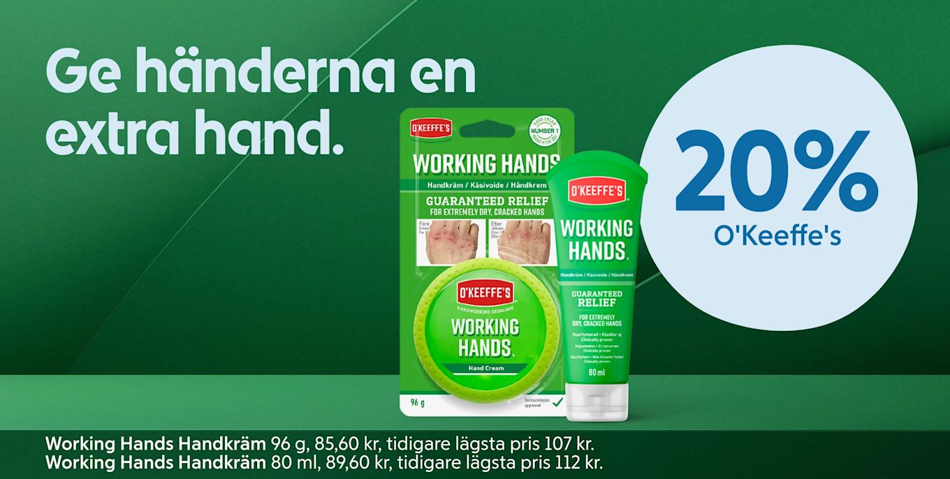 O'Keeffe's Working Hands handkräm i tub och burk visas med text om 20% rabatt och före- och efterbilder på händer med torr hud.