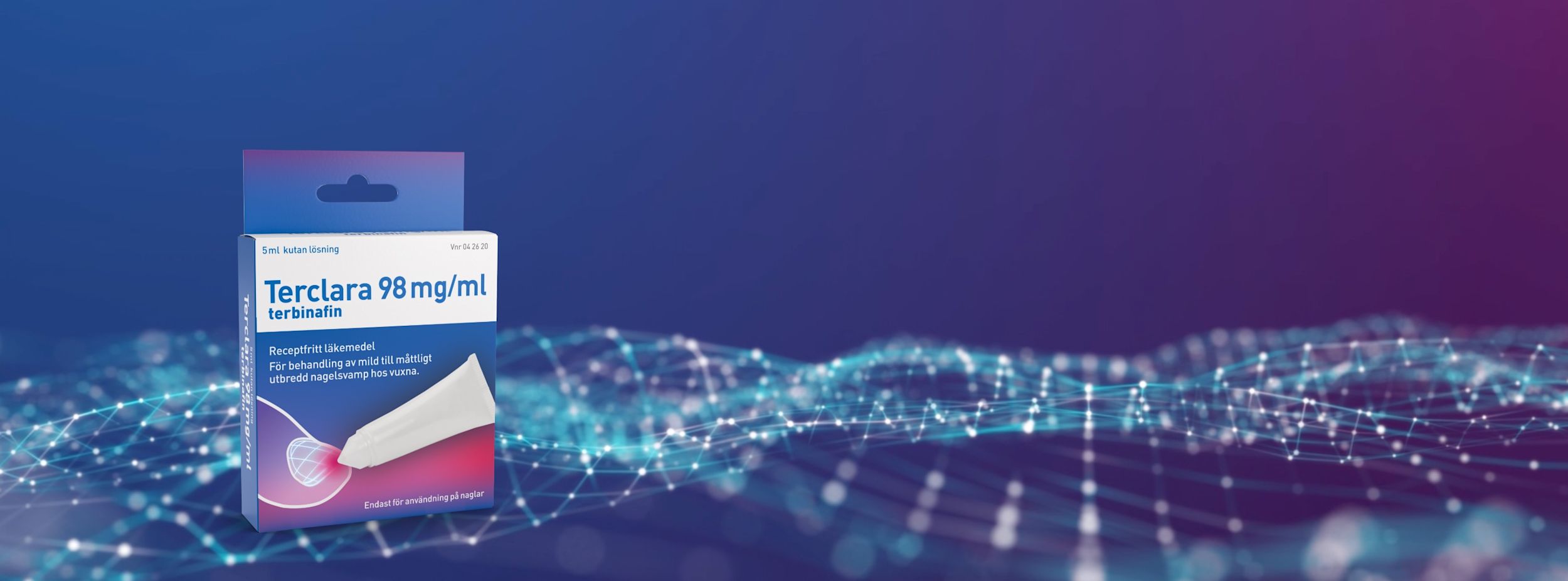 Förpackning av Terclara 98 mg/ml terbinafin kutan lösning står mot blå och lila bakgrund med digitala nätverksmönster.