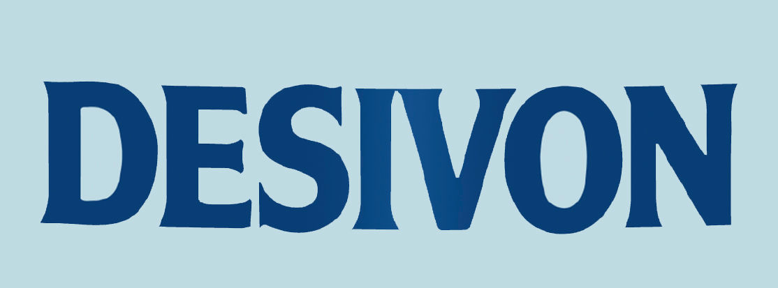 Logo: Mörkblå text "DESIVON" med stora bokstäver på ljusblå bakgrund.