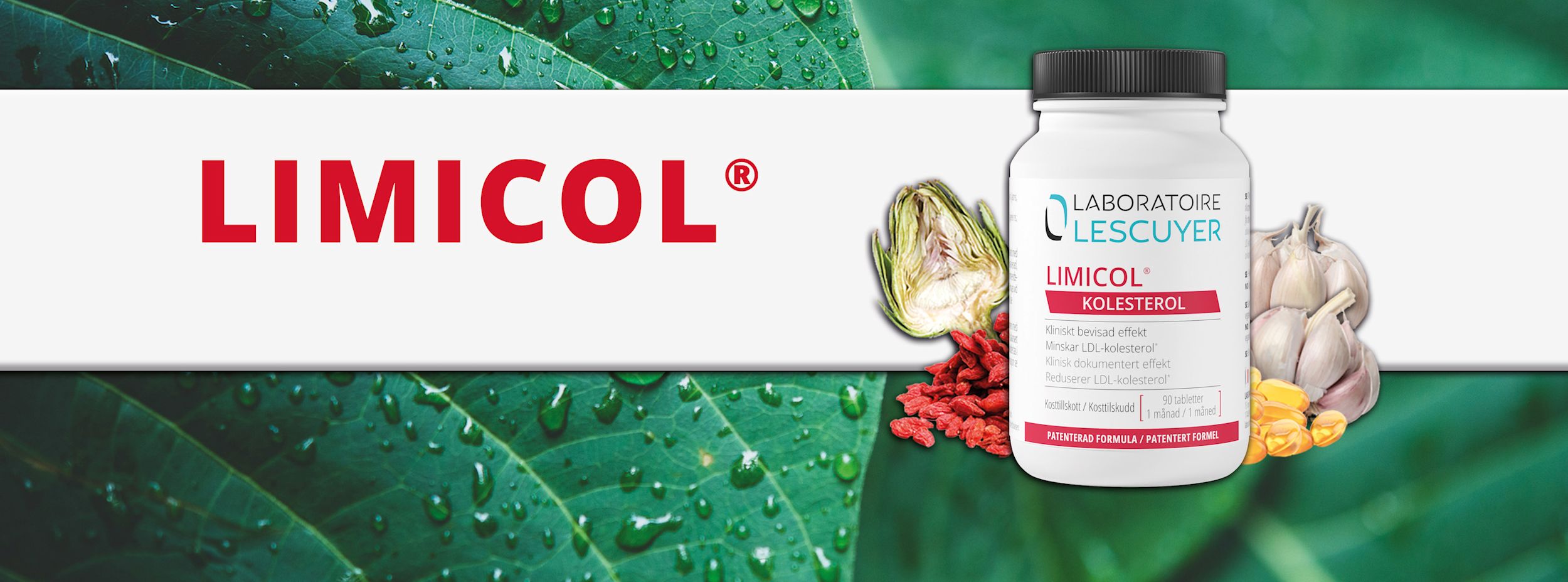 Burk med Limicol kosttillskott står bredvid kronärtskocka, vitlök och bär, mot bakgrund av gröna blad och texten "LIMICOL".