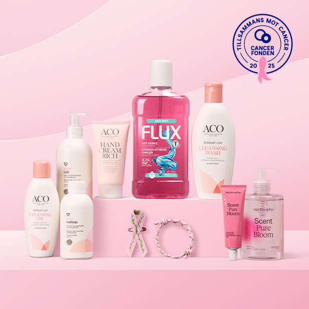 Flera hudvårds- och munvårdsprodukter i rosa och vita förpackningar arrangerade på rosa steg med Cancerfondens logotyp och texten "Tillsammans mot cancer 2025" i bakgrunden.