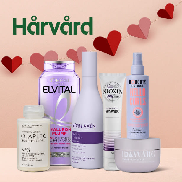 Sex hårvårdsprodukter från olika märken står på rad framför en rosa bakgrund med en girlang av röda och rosa hjärtan ovanför.