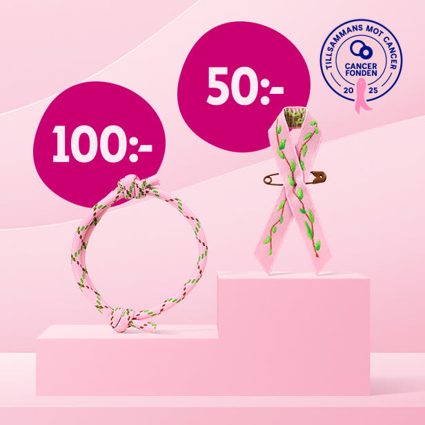 Två rosa Cancerfonden-armband med gröna detaljer visas på rosa podium med prislappar 100:- och 50:- och en stämpel texten "Tillsammans mot cancer".
