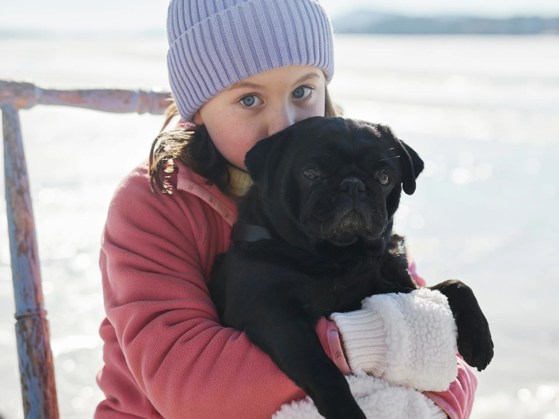 Flicka sitter utomhus på vintern på en spark, hållandes en liten hund i famnen.