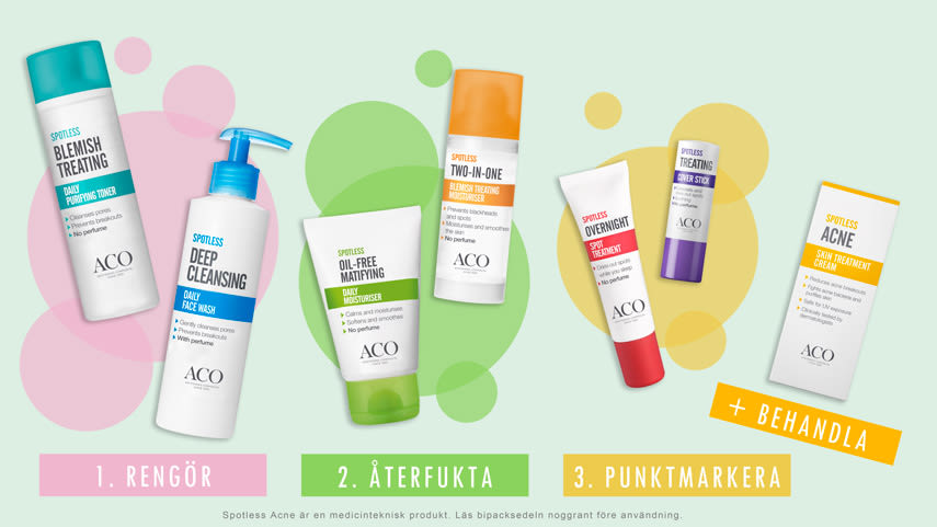 Aco Spotless produktserie för stegen rengöring, återfukta, punktmarkera och behandla.